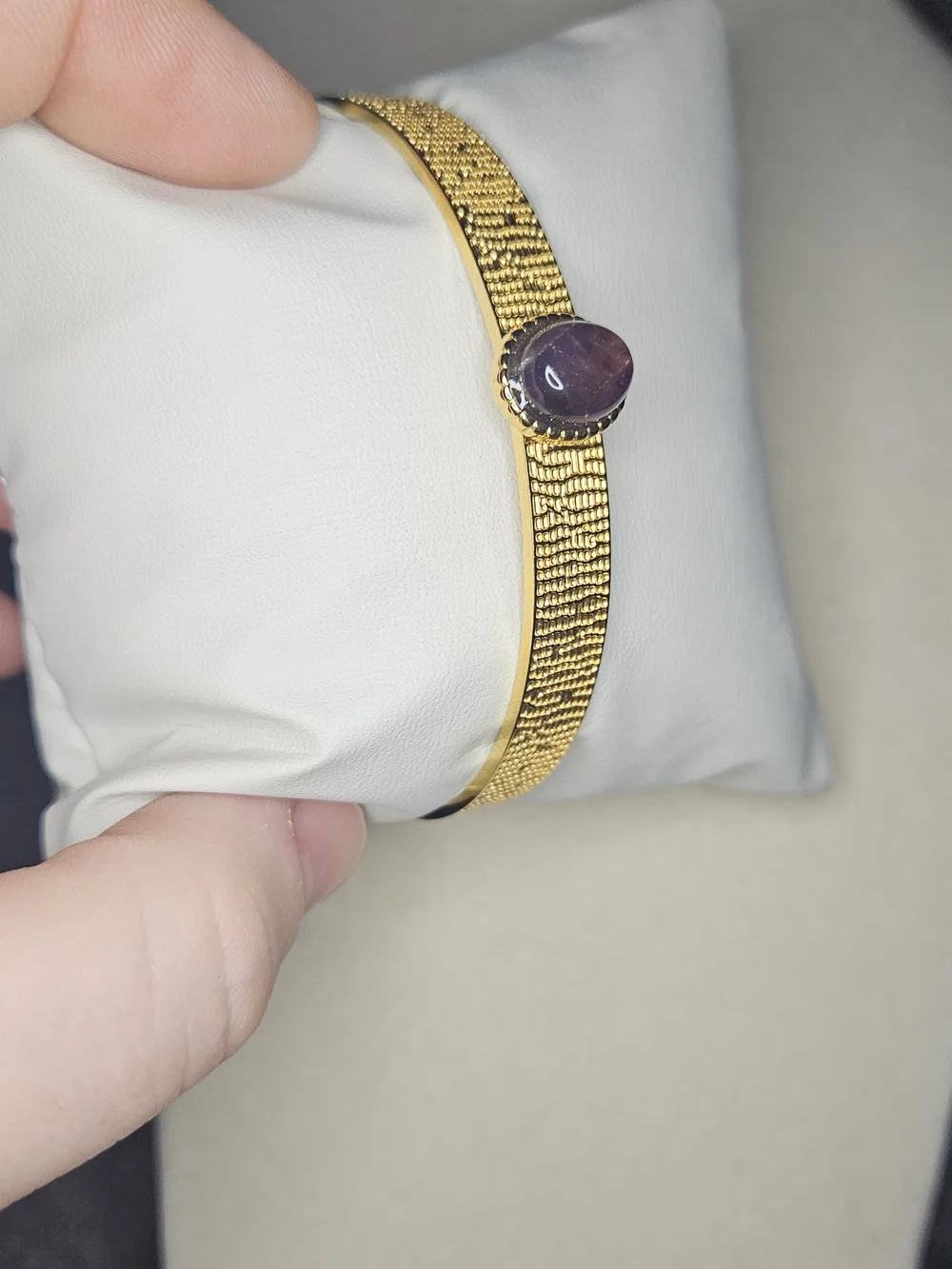 Gold Tone Stainless Steel Open Cuff Bracelet with Purple Gemstone Center